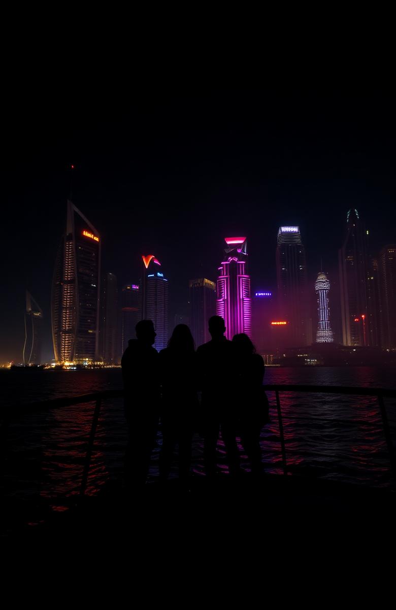 Friends on a boat deck at night in front of the Dubai Marina skyline